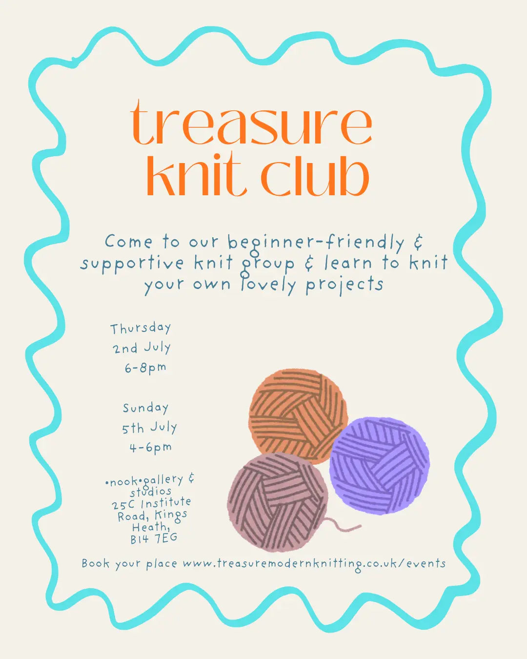 Treasure Knit Club July 2026 Thurs 2nd July 6-8pm and Sun 5th July 4-6pm at the •nook• gallery and studios