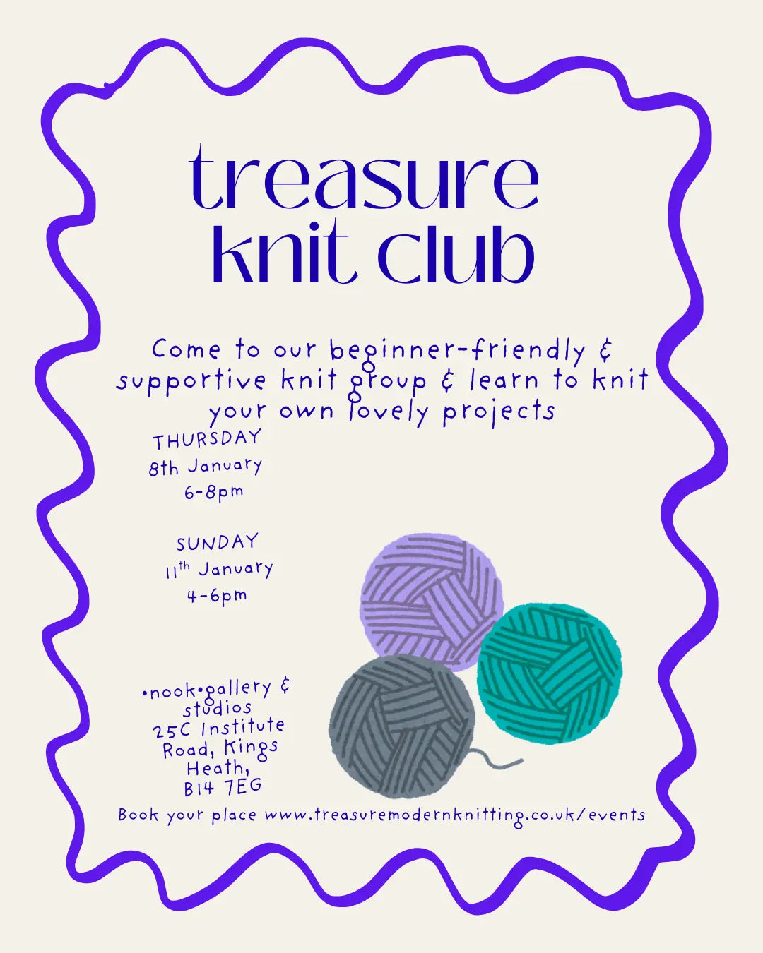 Treasure Knit Club Thursday 8th January 6-8pm (SOLD OUT) and Sunday 11th January 4-6pm - Treasure Modern Knitting