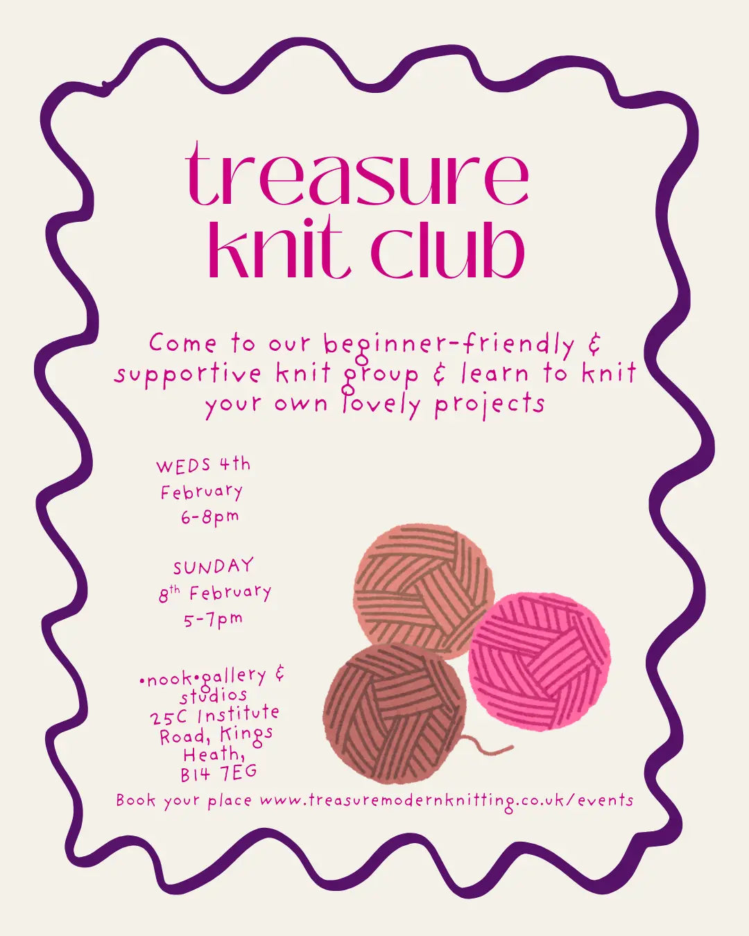 Treasure Knit Club Wednesday 4th February 2026 6-8pm and Sunday 8th February 5-7pm Treasure Modern Knitting
